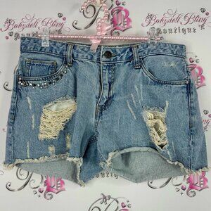 Being human Blue Distressed Jean Shorts with Rhinestones studded embellishments